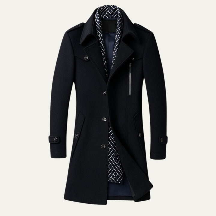 Classic men's autumn outerwear longline overcoat. Ideal for a refined, military-inspired smart casual look.