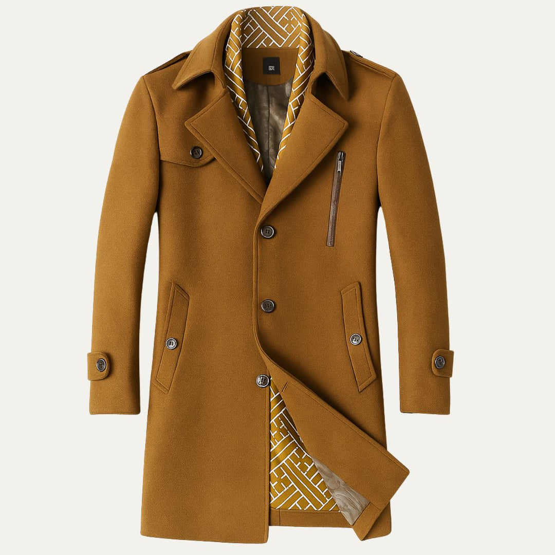 Stylish men's long military coat, double-breasted design, perfect for formal events or smart casual outings.