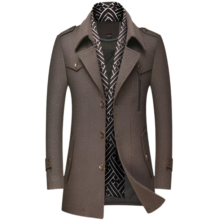 Elegant men's tailored longline overcoat, double-breasted, ideal for sophisticated formal wear and winter fashion.