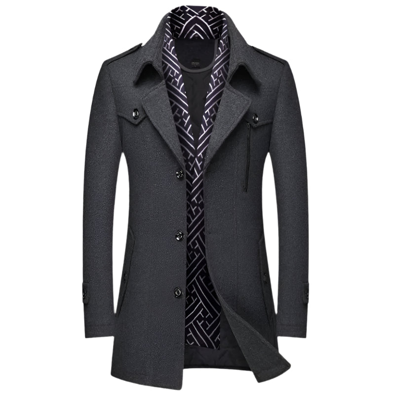 Versatile men's longline jacket, military-style trench coat, great for smart casual autumn and winter fashion.