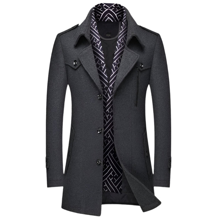 Versatile men's longline jacket, military-style trench coat, great for smart casual autumn and winter fashion.