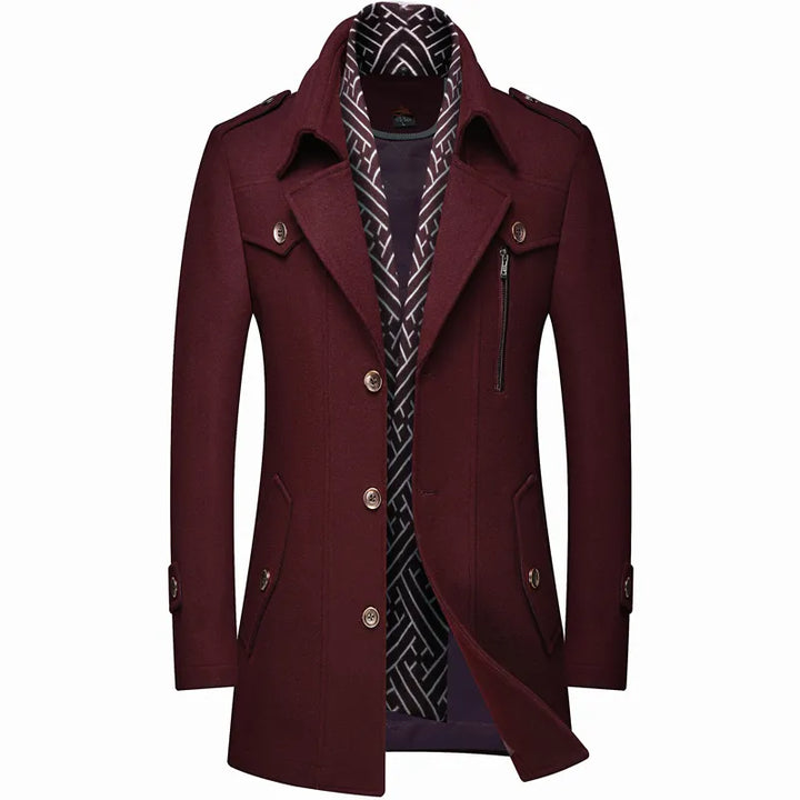 Men's double-breasted military-style longline trench coat, tailored for winter fashion, suitable for formal & casual.