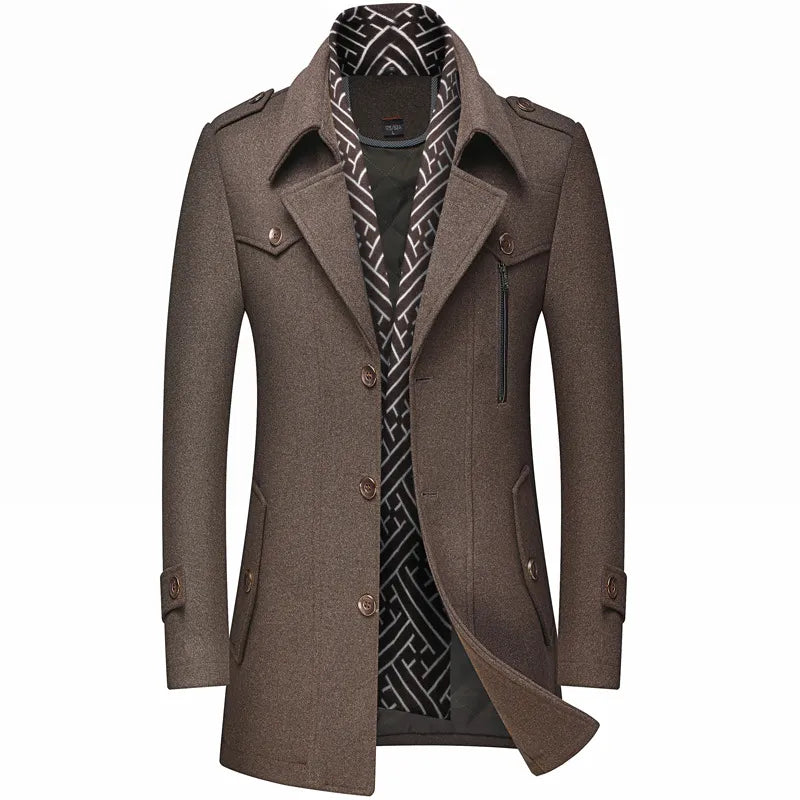 Men's classic longline overcoat for autumn/winter, military-style, perfect for formal wear or smart casual.