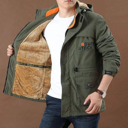 Durable men's winter plush thermal jacket, ideal for outdoor use. Features warm fleece lining and military styling.