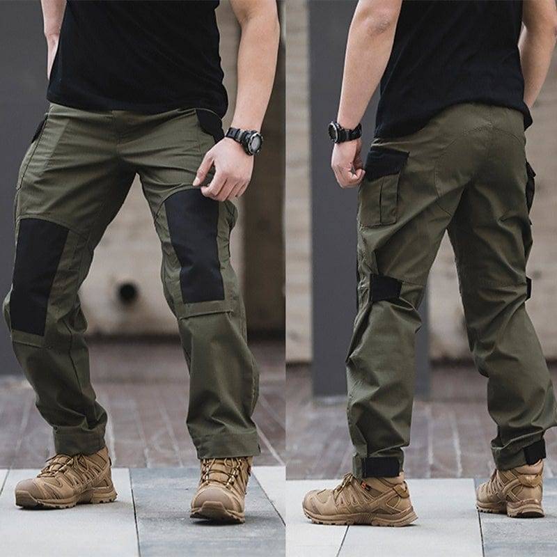 Men's military tactical cargo pants in olive green, multiple pockets, durable fabric, ideal for outdoor & hiking.