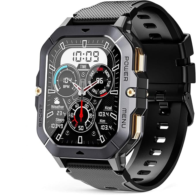 Men's military tactical smartwatch for rugged outdoor use, with fitness tracking, health monitoring & calling.