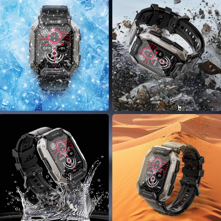 Waterproof tactical smartwatch for men with built-in fitness tracker, heart rate monitor, and calling features.