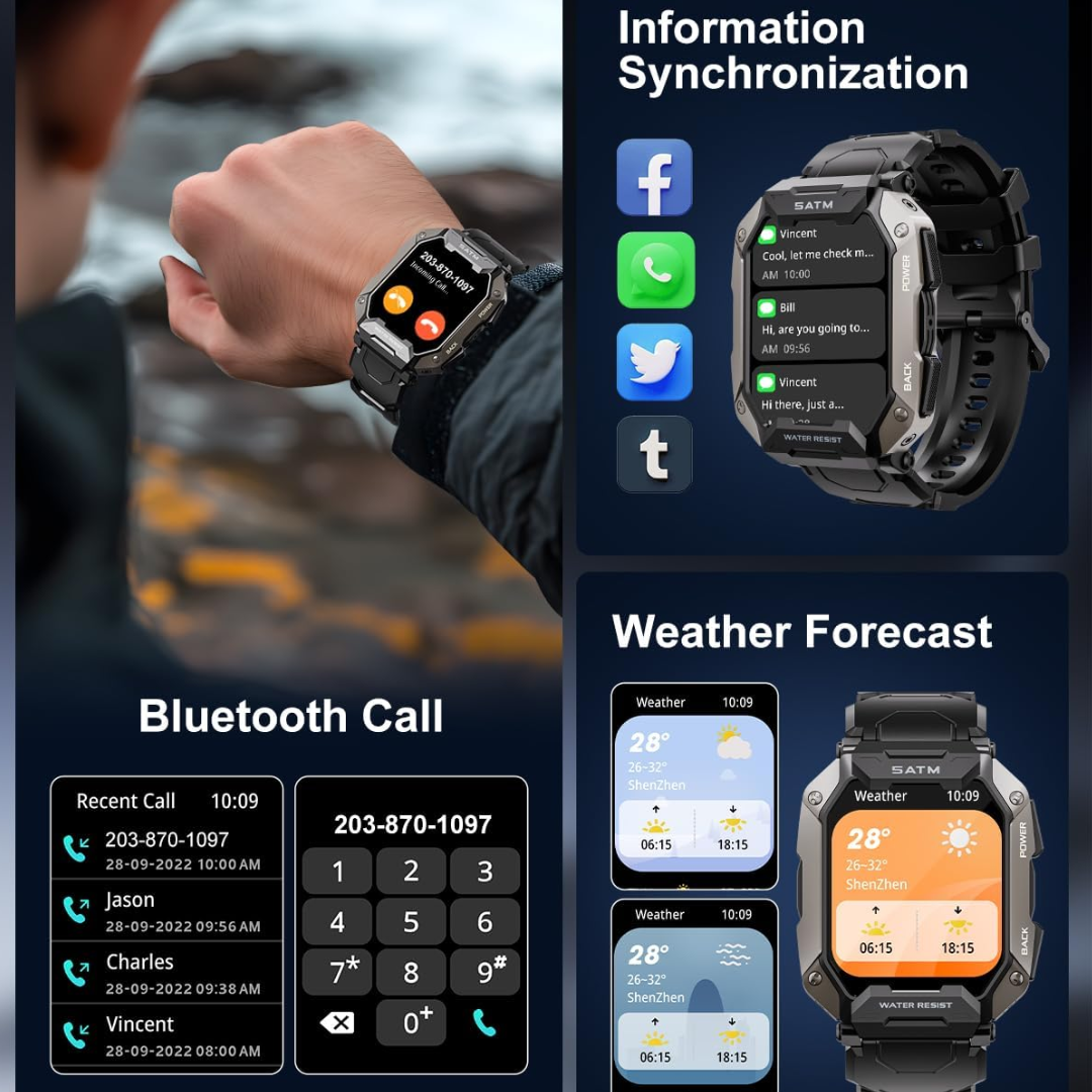 Men's tactical outdoor smartwatch, waterproof and durable, ideal for fitness, health monitoring & adventure.