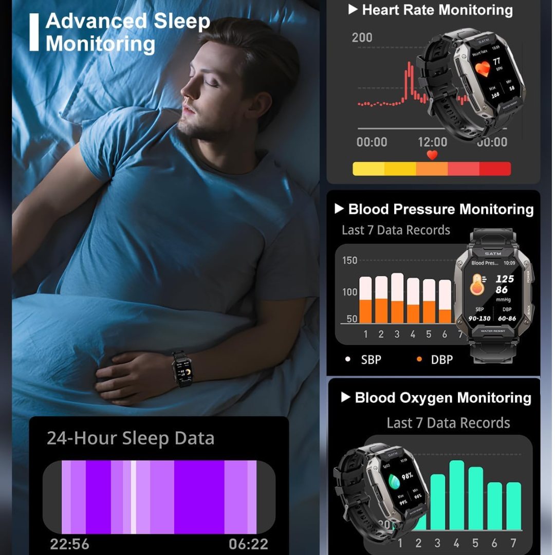 Advanced men's tactical smartwatch: military-grade, waterproof, fitness, health monitoring, and call functions.