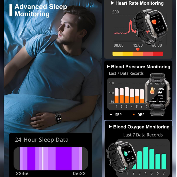 Advanced men's tactical smartwatch: military-grade, waterproof, fitness, health monitoring, and call functions.