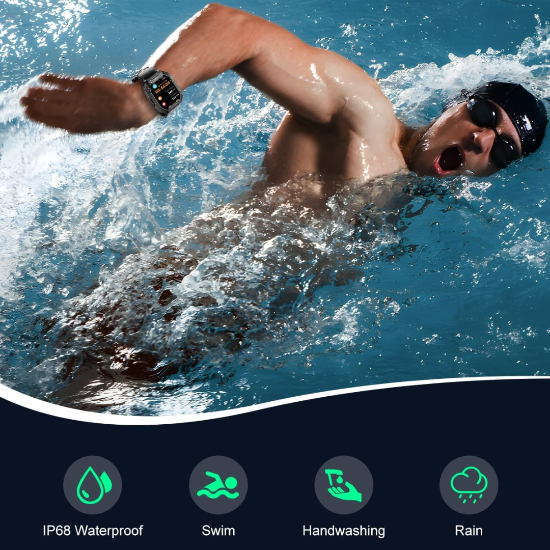 Durable men's military smartwatch, waterproof, with fitness tracking, health monitor, & calling capabilities.