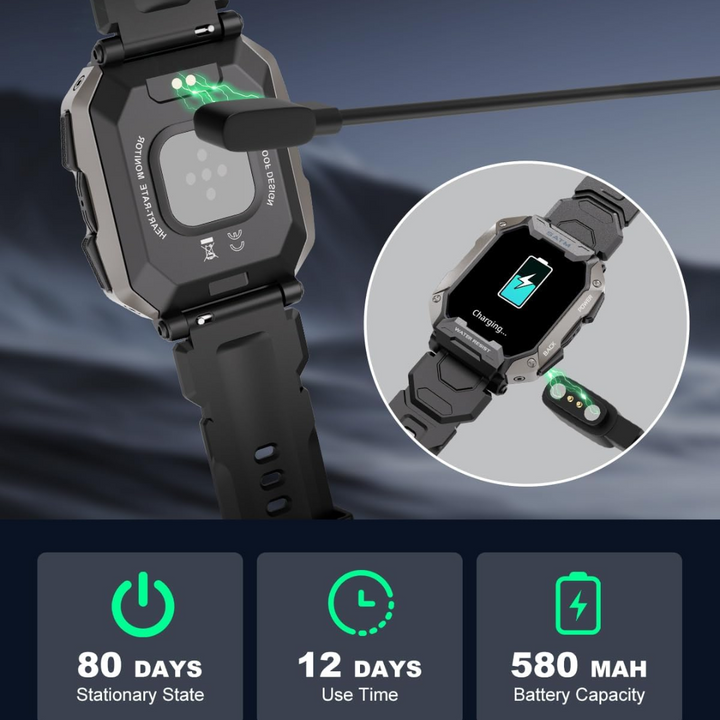 High-performance men's tactical smartwatch, military-grade, waterproof, activity & health monitor.