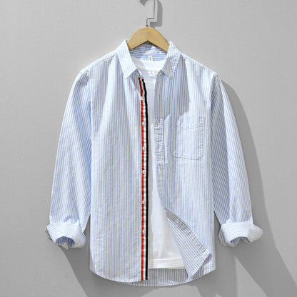 Men's Milo blue & gray striped casual shirt. Lightweight button-down for summer fashion & everyday comfort.
