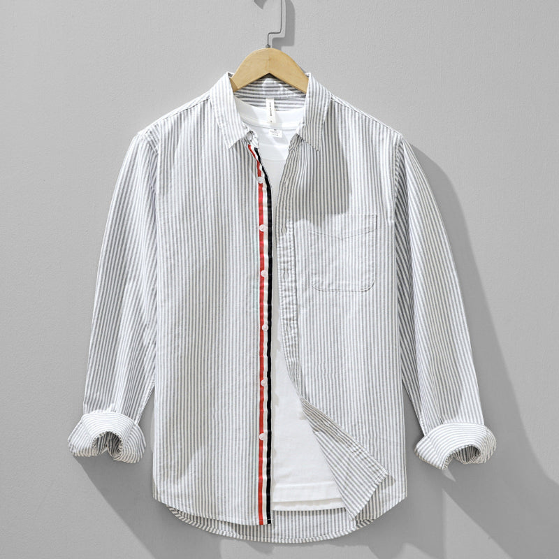 Stylish men's Milo striped button-down shirt in blue & gray. Perfect lightweight casual top for summer style.