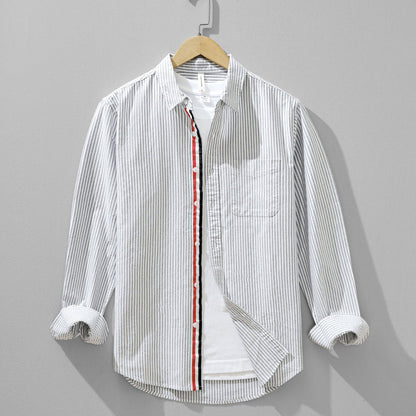 Stylish men's Milo striped button-down shirt in blue & gray. Perfect lightweight casual top for summer style.