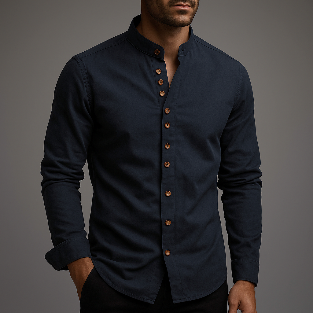 Men's minimalist band collar shirt for modern everyday style.