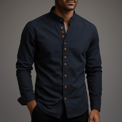 Men's minimalist band collar shirt for modern everyday style.