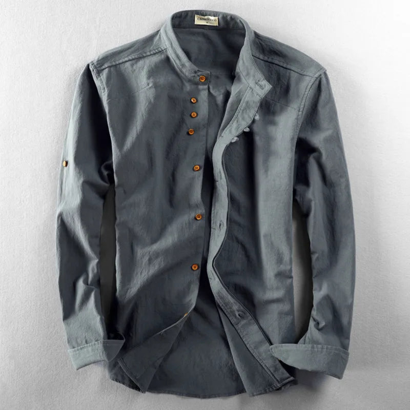 Sleek band collar shirt for men, a minimalist long sleeve button-up for contemporary style.