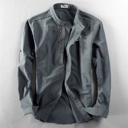 Sleek band collar shirt for men, a minimalist long sleeve button-up for contemporary style.
