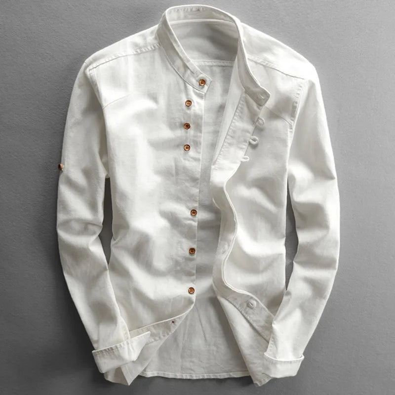 Modern men's long sleeve band collar shirt, versatile for smart casual and minimalist everyday fashion.