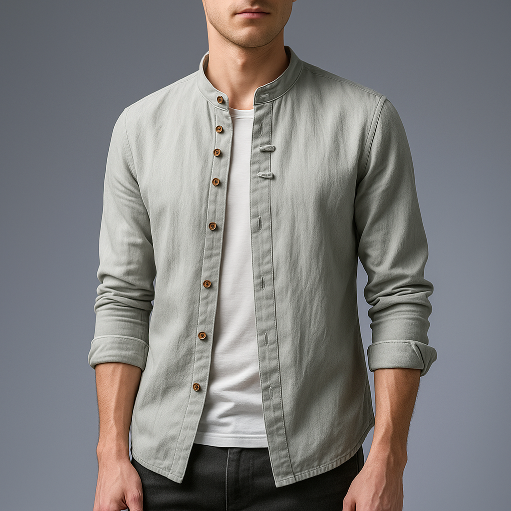 Stylish men's band collar shirt, a modern minimalist long sleeve for casual wear.
