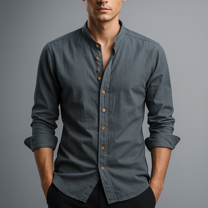 Versatile men's smart casual band collar shirt, perfect for a modern minimalist look.