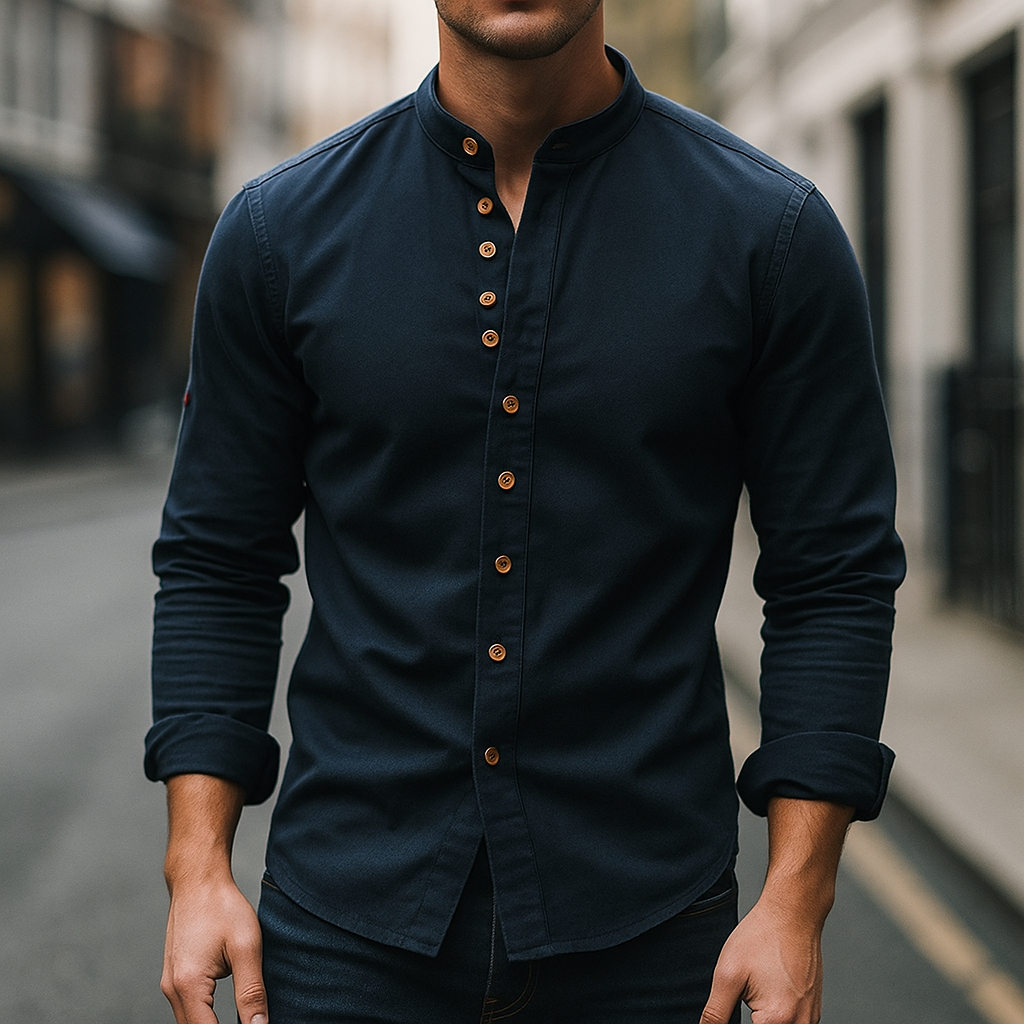 Men's button-up band collar shirt with a sleek, minimalist design, ideal for modern style.