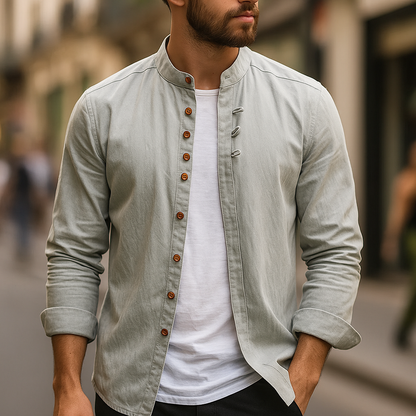 Man wearing a modern minimalist band collar shirt, showcasing versatile smart casual everyday wear.