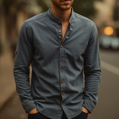 Elegant men's long sleeve band collar shirt, embodying minimalist style for contemporary fashion.
