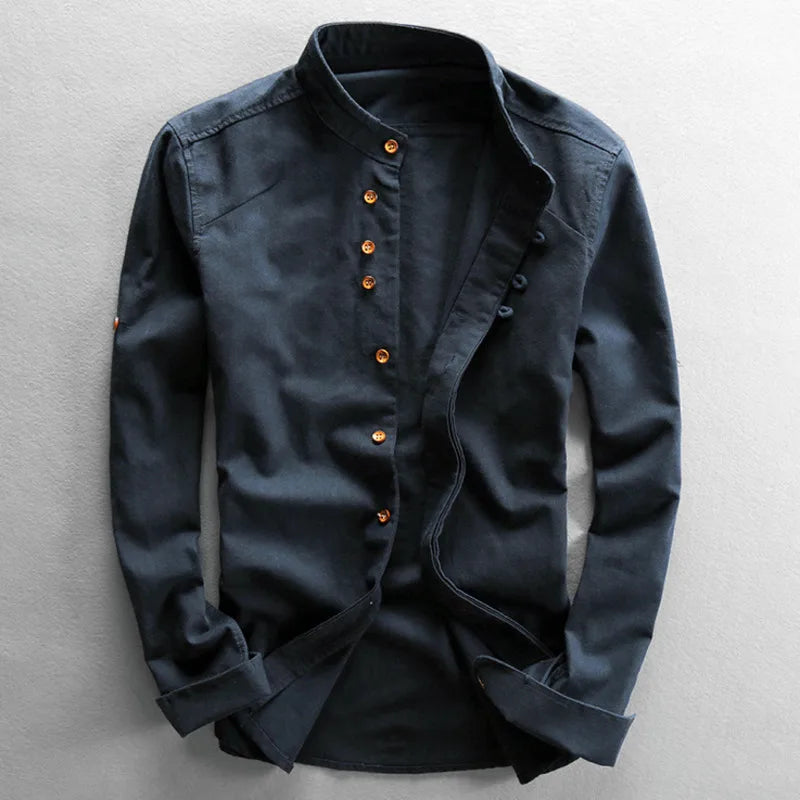 Mens fashion band collar shirt, a versatile long sleeve button-up for modern casual style.