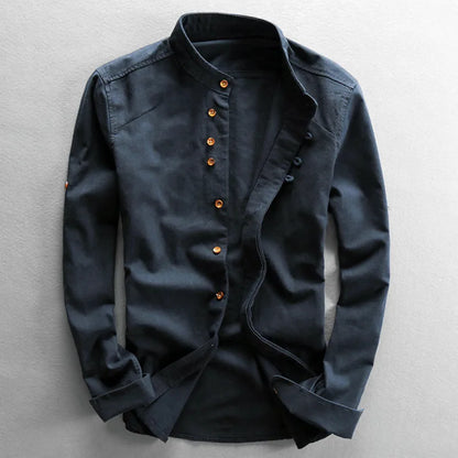 Mens fashion band collar shirt, a versatile long sleeve button-up for modern casual style.