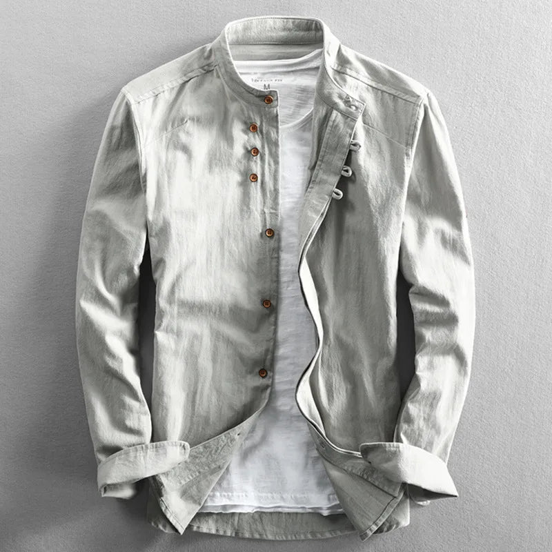 Essential minimalist men's band collar shirt, perfect for modern everyday and smart casual looks.