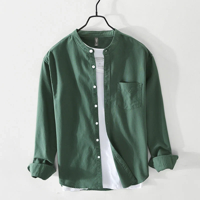 Men's minimalist band collar shirt. Lightweight, relaxed fit, button-down, perfect for smart casual summer looks.
