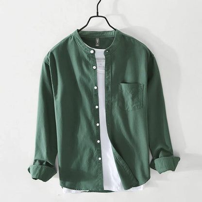 Men's minimalist band collar shirt. Lightweight, relaxed fit, button-down, perfect for smart casual summer looks.