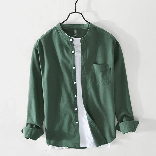 Men's minimalist band collar shirt. Lightweight, relaxed fit, button-down, perfect for smart casual summer looks.