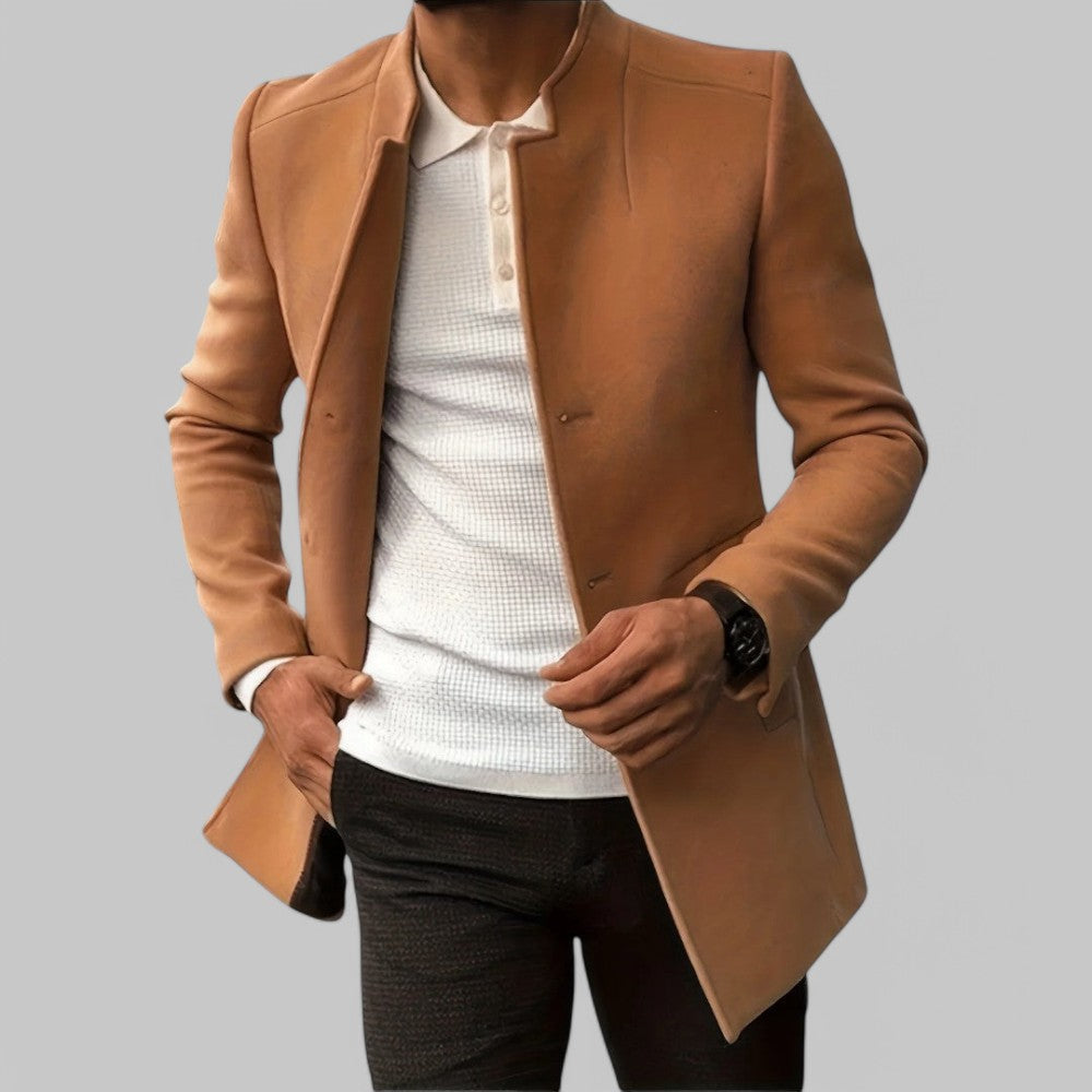 Men's minimalist button winter coat in smart casual tailored style, perfect for cold weather.
