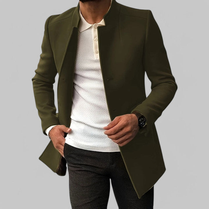 Classic men's trench coat, minimalist button details, smart casual tailored fit for winter.