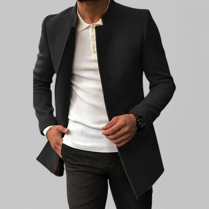 Versatile men's minimalist button winter coat, offering a smart casual tailored look.