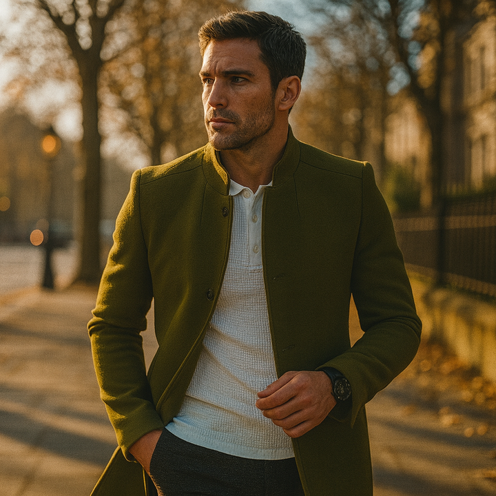 A-W men's long tailored trench coat, minimalist button closure, smart casual winter jacket.