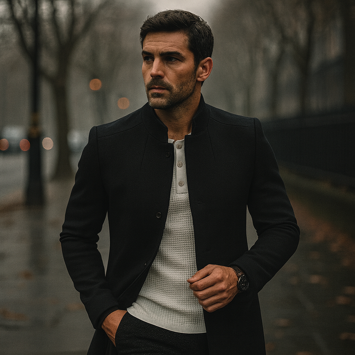Men's sophisticated tailored winter coat, minimalist button design, perfect for smart casual styling.