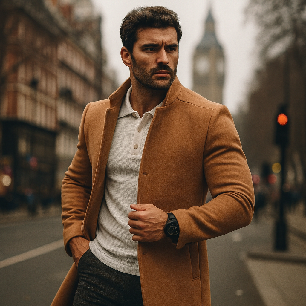 Tailored men's trench coat, a minimalist button-up winter jacket for smart casual outfits.
