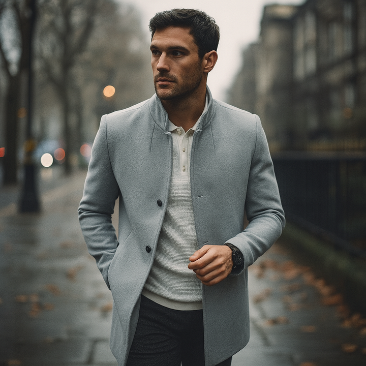 Dapper men's long coat, minimalist button closure, smart casual tailored winter fashion.