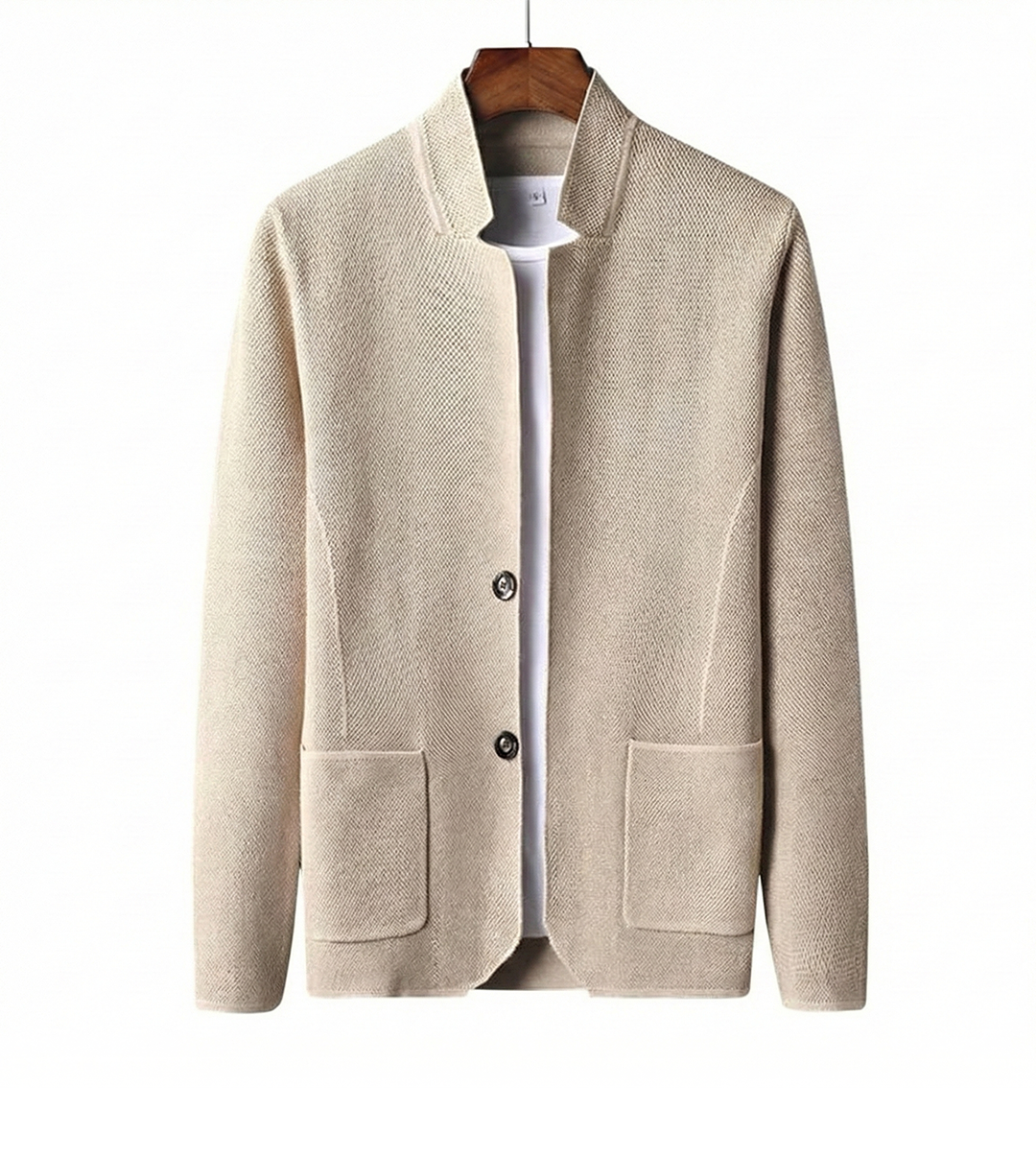Men's minimalist collarless cardigan in a sleek, modern design, perfect for smart casual layering.