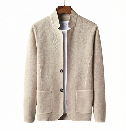 Men's minimalist collarless cardigan in a sleek, modern design, perfect for smart casual layering.