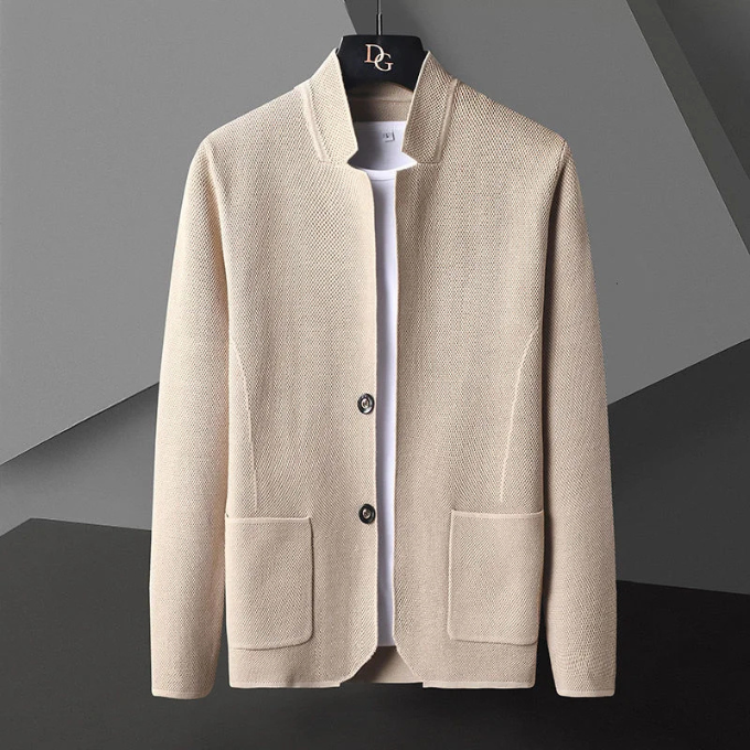 Versatile men's collarless cardigan in a neutral beige, ideal for effortless modern layering & comfort.