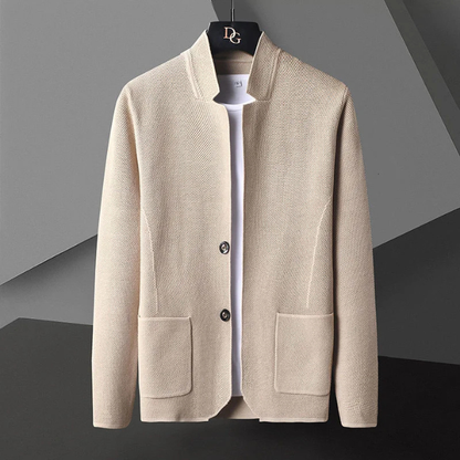 Versatile men's collarless cardigan in a neutral beige, ideal for effortless modern layering & comfort.