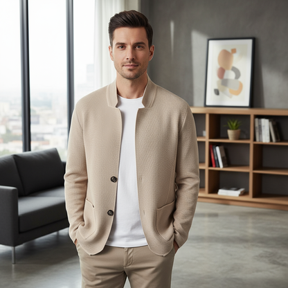 Comfortable men's modern collarless cardigan in black, offering sleek minimalist style & warmth.