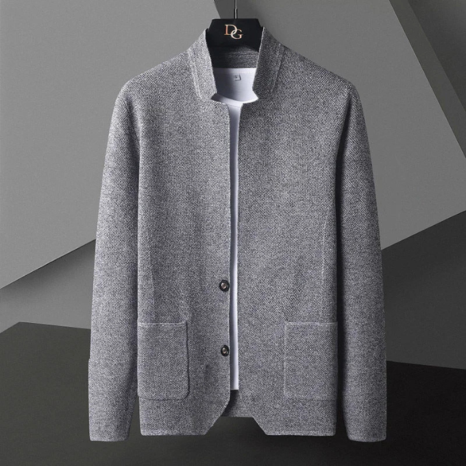 Sleek gray men's collarless cardigan, a modern minimalist layering piece for smart casual outfits.