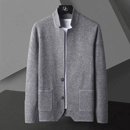 Sleek gray men's collarless cardigan, a modern minimalist layering piece for smart casual outfits.