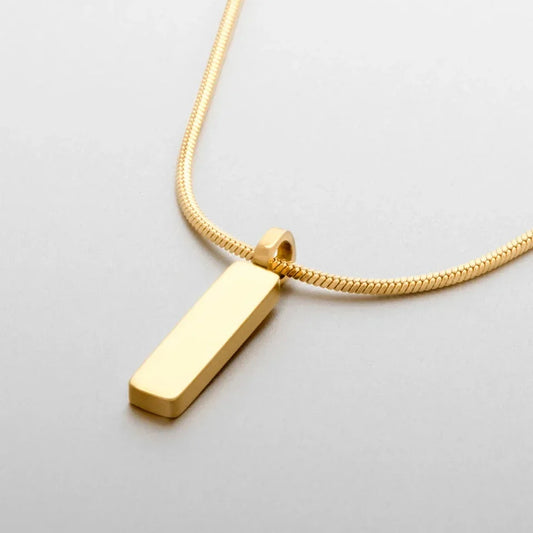Men's minimalist gold bar pendant necklace, crafted from sleek stainless steel for a modern accessory.
